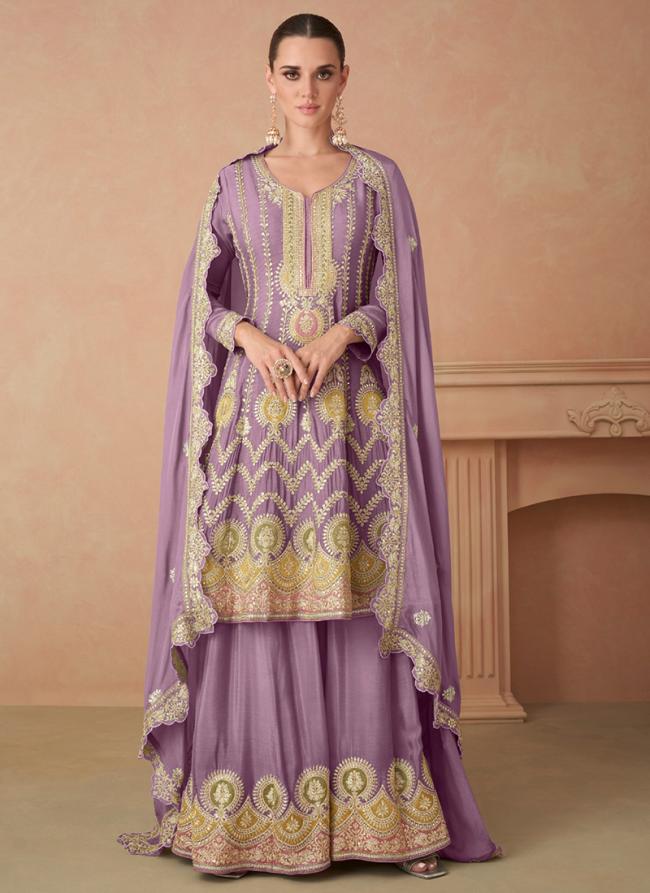 Chinnon Silk Lilac Party Wear Embroidery Work Readymade Sharara Suit